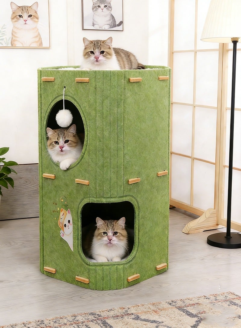 Sisily Cat House Cat Tower, 2-Level Felt Cat Condo with Cozy Cat Bed, Multi-Level Indoor Cat Furniture for Play, Climbing & Rest, Compact 37×37×60cm, Green - Image 1